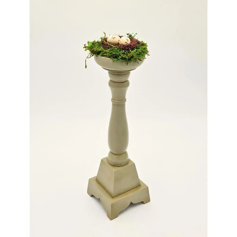 Tall Sage Nest Pedestal • Hand-Painted Wood Eggs, Table Centerpiece